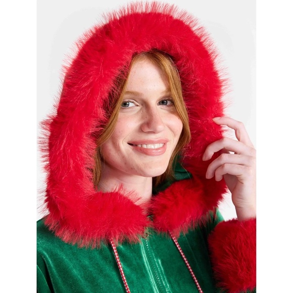 Christmas No Boundaries Velvet Faux Fur Hoodie & Skirt Set Size L Green Red - Picture 3 of 3